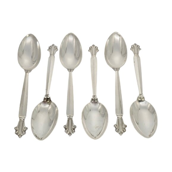 Set of 6 Georg Jensen Acanthus Sterling Silver Dessert/Oval Soup Spoons #19718 - Picture 1 of 10